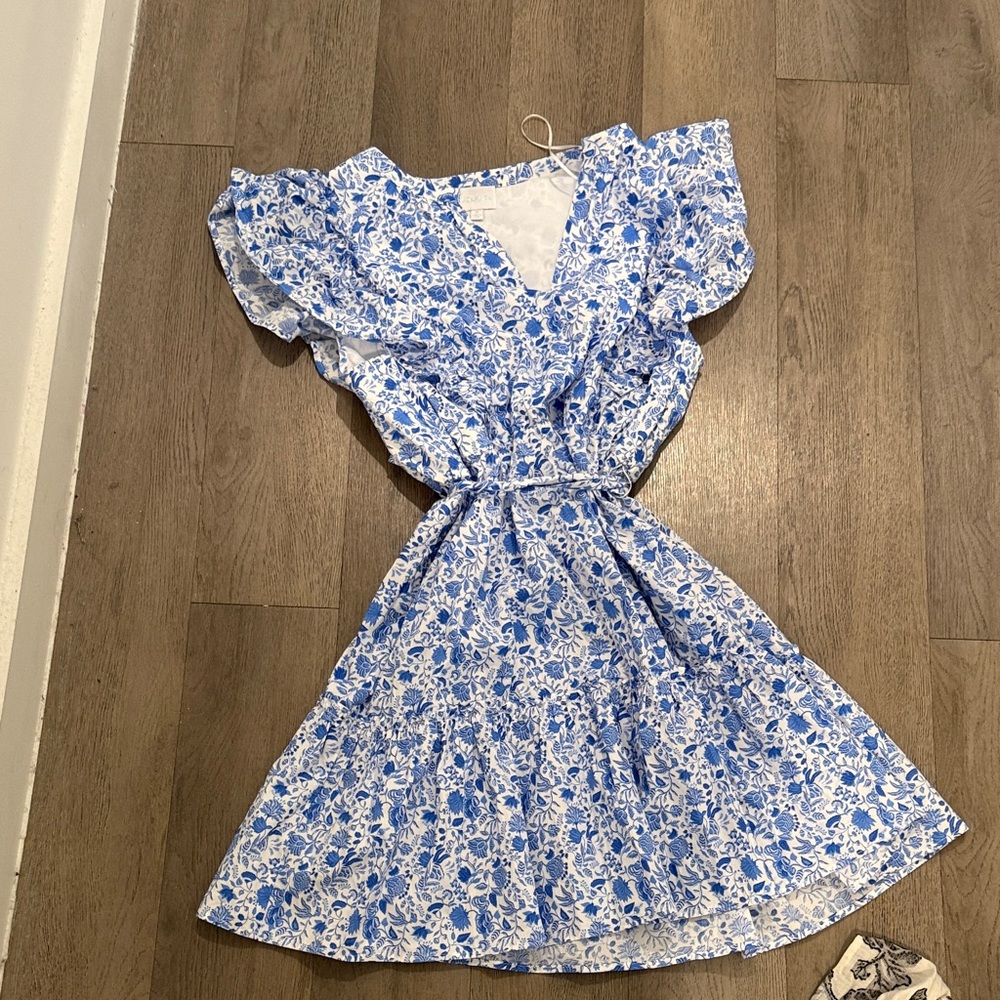 Ruffle sleeve Blue & White Floral Ruffle Wrap Dress